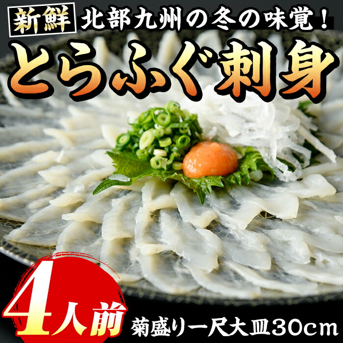 【ふるさと納税】とらふぐ刺身(4人前) 菊盛り一尺大皿30cm ふぐ フグ 本ふぐ ふぐ刺し ふぐ皮 てっさ もみじおろし 高級 お祝い ギフト  贈り物 贈答用 ギフト 冷凍【マル五】