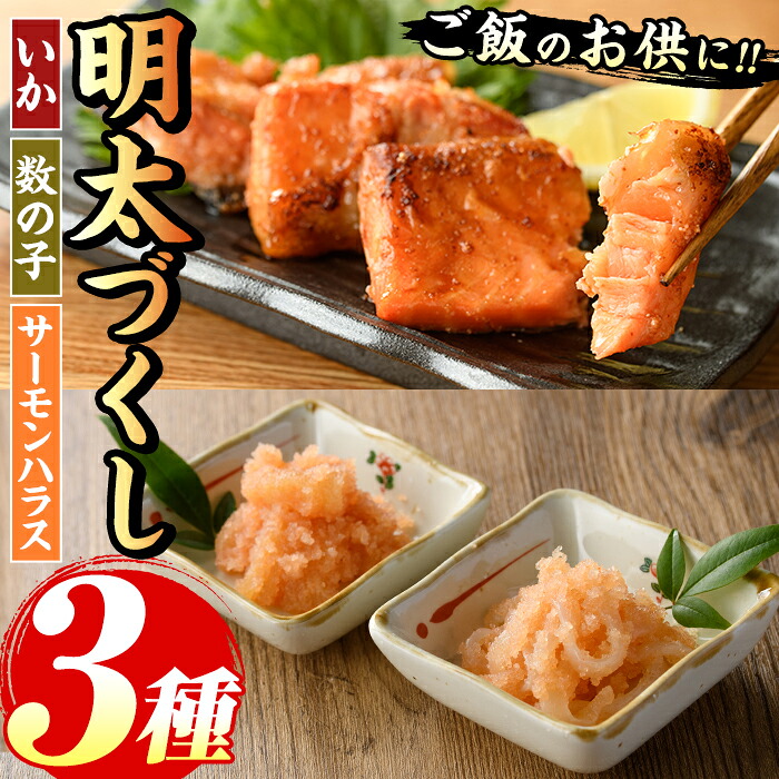 【ふるさと納税】ご飯のお供!明太づくしBセット(3種・数の子明太子/いか明太子/サーモンハラス明太漬) 明太 明太子 めんたい めんたいこ 海鮮 魚介 魚卵 かずのこ 数の子 いか イカ サーモン さけ サケ しゃけ シャケ 鮭 セット おかず おつまみ 晩酌 冷凍【マル五】|福岡県芦屋町