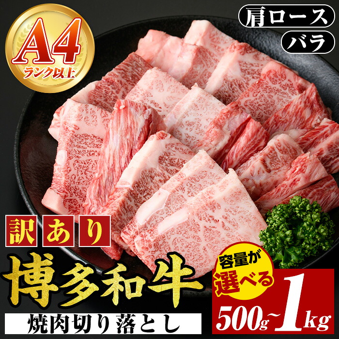【ふるさと納税】≪訳あり・容量選べる≫【A4～A5】博多和牛焼肉切り落とし(肩ロース・バラ)(計500g~1kg) 国産 九州産 福岡県産 牛肉 和牛 黒毛和牛 ヤキニク やきにく 焼き肉 お肉【MEAT PLUS】