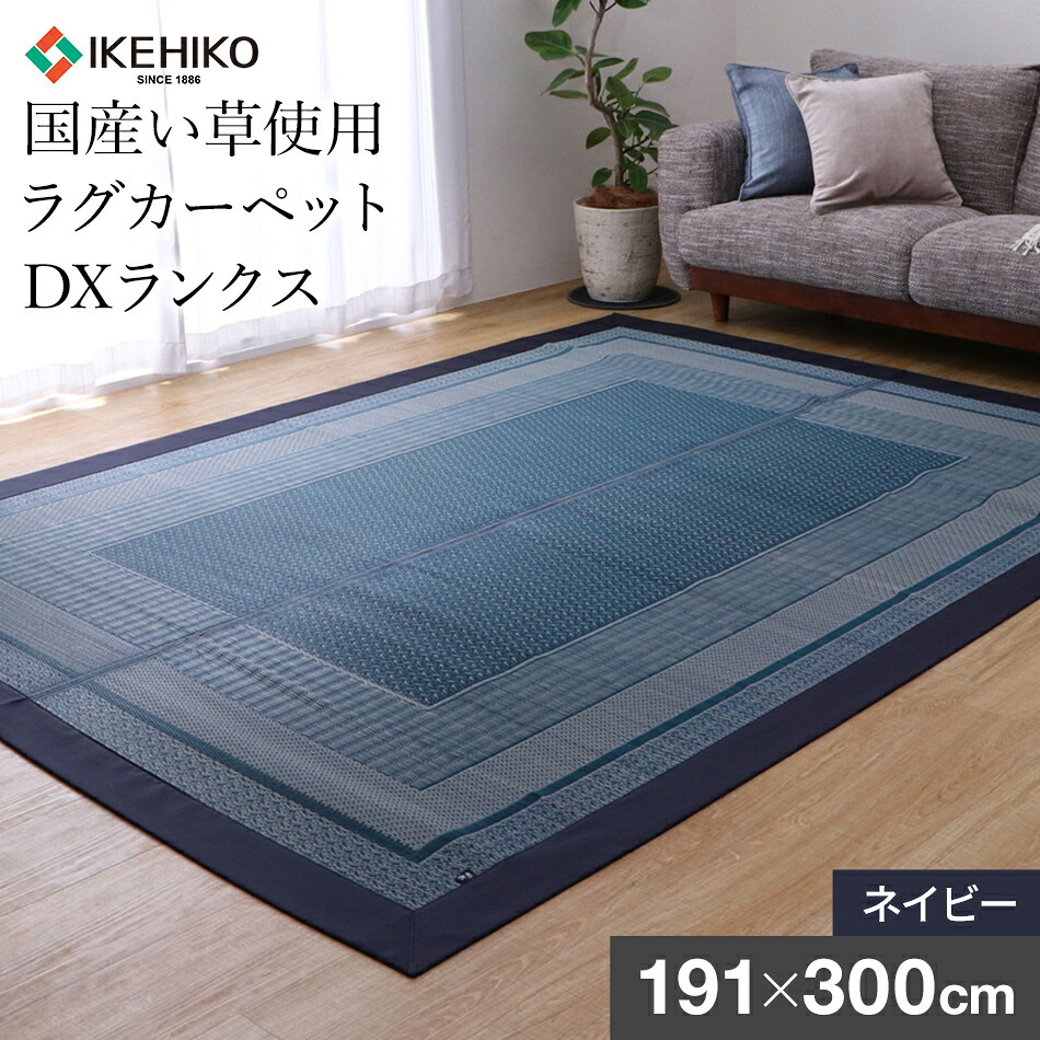 【ふるさと納税】ラグ い草 国産いぐさ DXランクス（191&times;300） モダン 柄 滑り止め加工 （色：ネイビー） おすすめ 福岡県 大木町 株式会社イケヒコ・コーポレーション AA175｜福岡県大木町