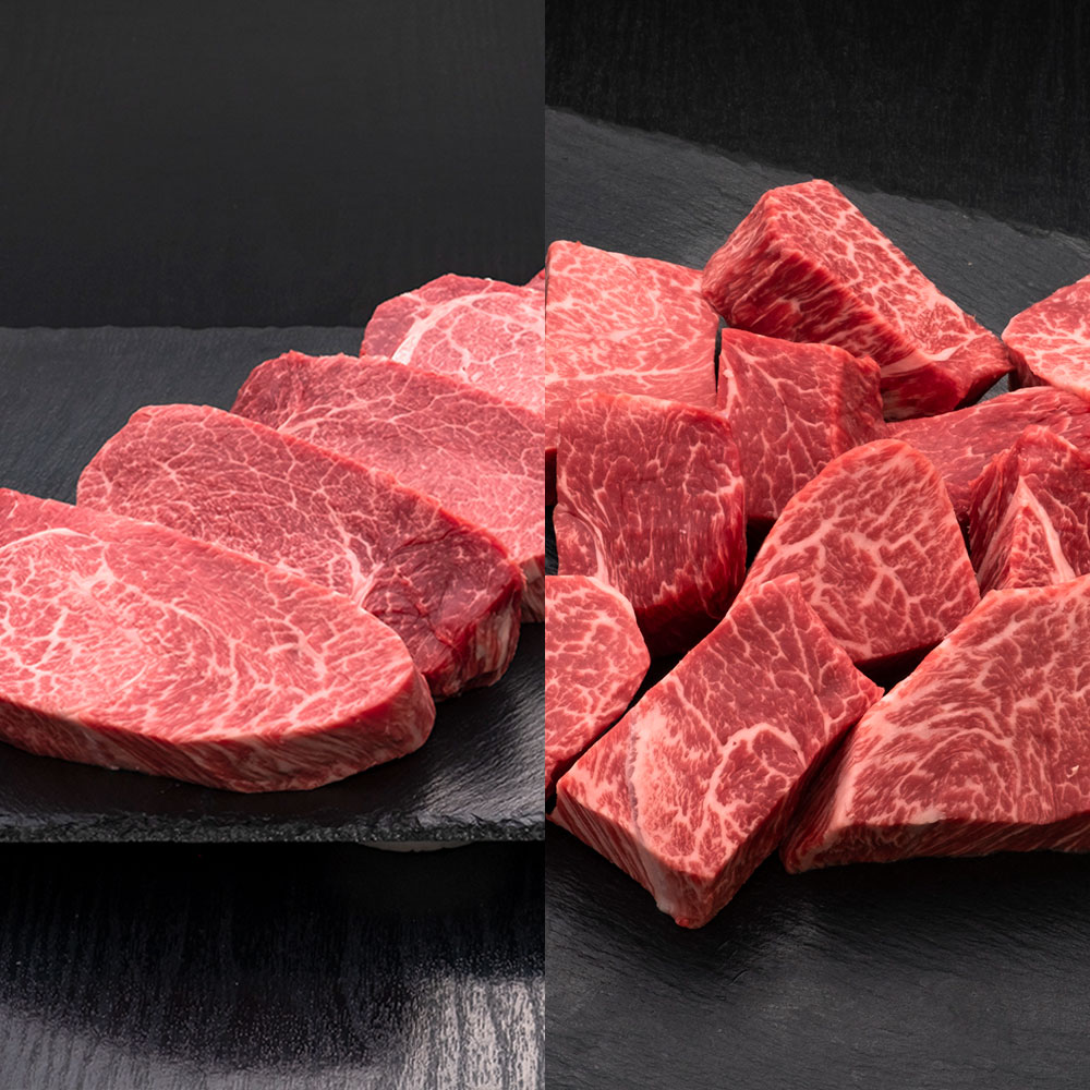 【ふるさと納税】【選べる容量】A5等級 博多和牛 ヒレステーキ 満喫Iセット 約1,600g～9,600g 訳あり 牛肉 和牛 お肉 肉 おにく 牛 ヒレ肉 ヒレ 厚切り ステーキ サイコロステーキ セット 九州 福岡県 福岡 ふくおか 糸田町 糸田 冷凍 送料無料