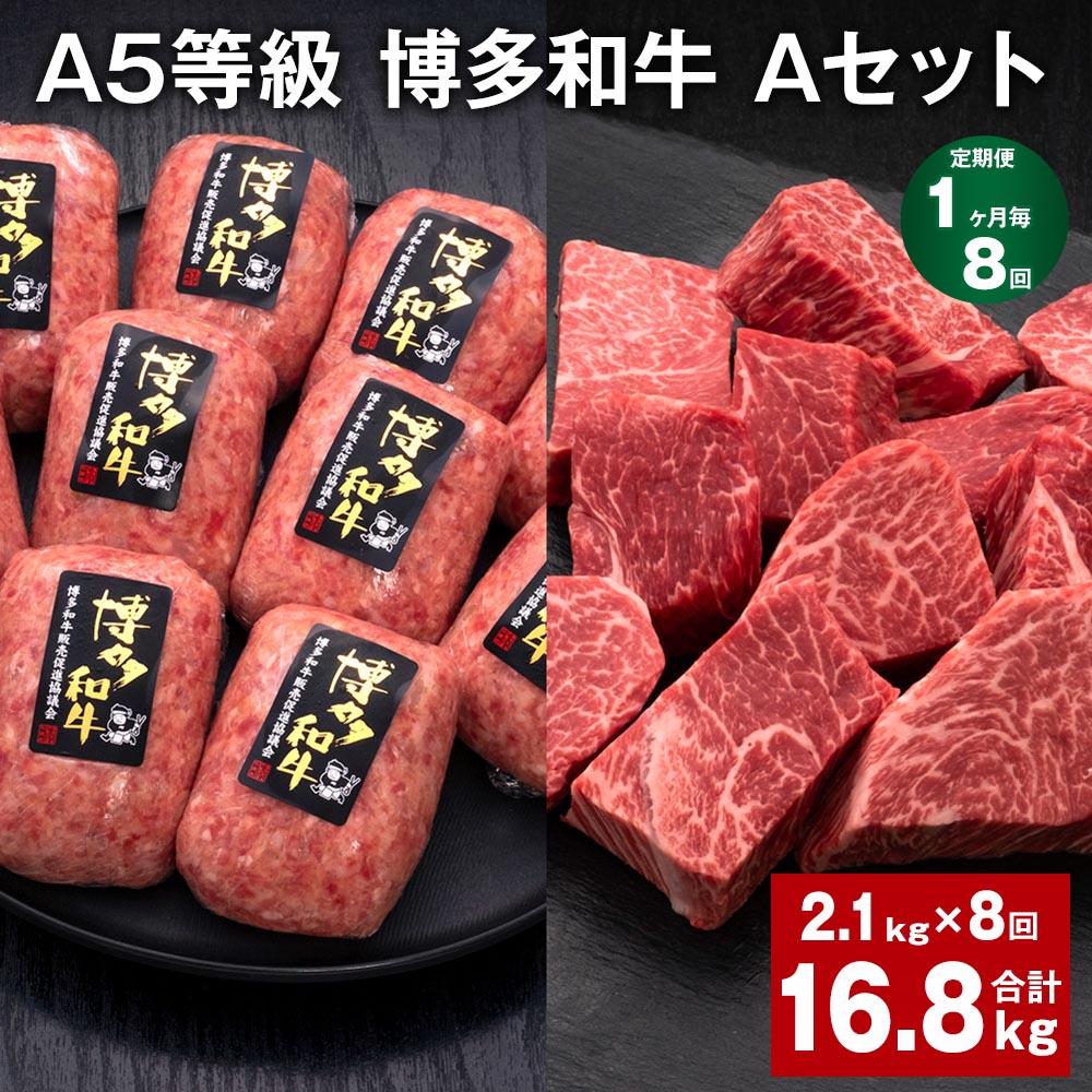 【ふるさと納税】【定期便】【1ヶ月毎8回】A5等級 博多和牛 Aセット 計16.8kg(2.1kg×8回) 博多和牛100%贅沢本格手ごねハンバーグ 【訳あり】博多和牛ヒレサイコロステーキ 牛肉 お肉 和牛 冷凍 国産 九州 福岡県 糸田町 送料無料