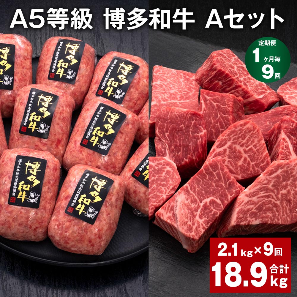 【ふるさと納税】【定期便】【1ヶ月毎9回】A5等級 博多和牛 Aセット 計18.9kg（2.1kg×9回） 博多和牛100%贅沢本格手ごねハンバーグ 【訳あり】博多和牛ヒレサイコロステーキ 牛肉 お肉 和牛 冷凍 国産 九州 福岡県 糸田町 送料無料