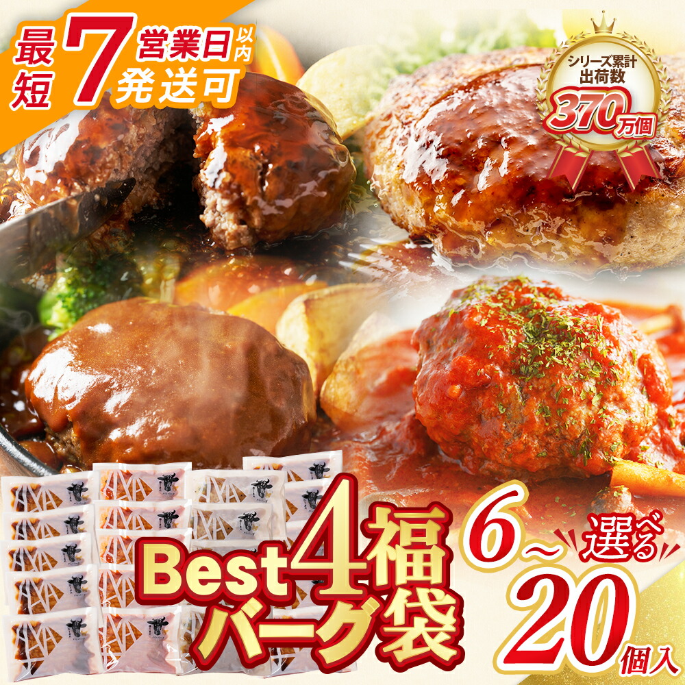 【ふるさと納税】累計370万個突破！ Best4 ハンバーグ セット 4種 大容量 お試し 少量 6～20個セット 4種ハンバーグセット 牛肉 豚肉 洋食 デミソース トマト てりやき ジャポネ 湯煎  食べ比べ 個包装 小分け 博多若杉 コスパ 福智 送料無料 父の日 U61-32 U61-35-01
