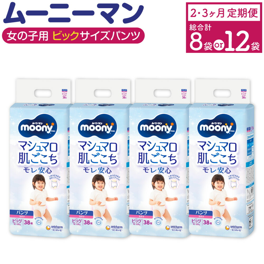 【ふるさと納税】【選べる定期便】ムーニーマン お嬢さん用 ビッグ大きさ 38枚×4袋 ( 2回 / 3回 ) 計304枚 計456枚 ズボン下手合い 体量12～22kg ちびっ子用 ユニ・チャーム 紙オムツ ご機嫌酉の方角 最大限度12第四次元吸い入れる 乳飲み子 もの言う花装置 苅田町 貨物輸送無料