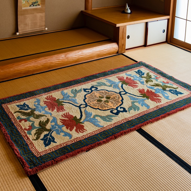 【ふるさと納税】鍋島緞通[手刺繍]唐草芍薬文縁二重雷文/灰地緑:D127-005｜佐賀県佐賀市