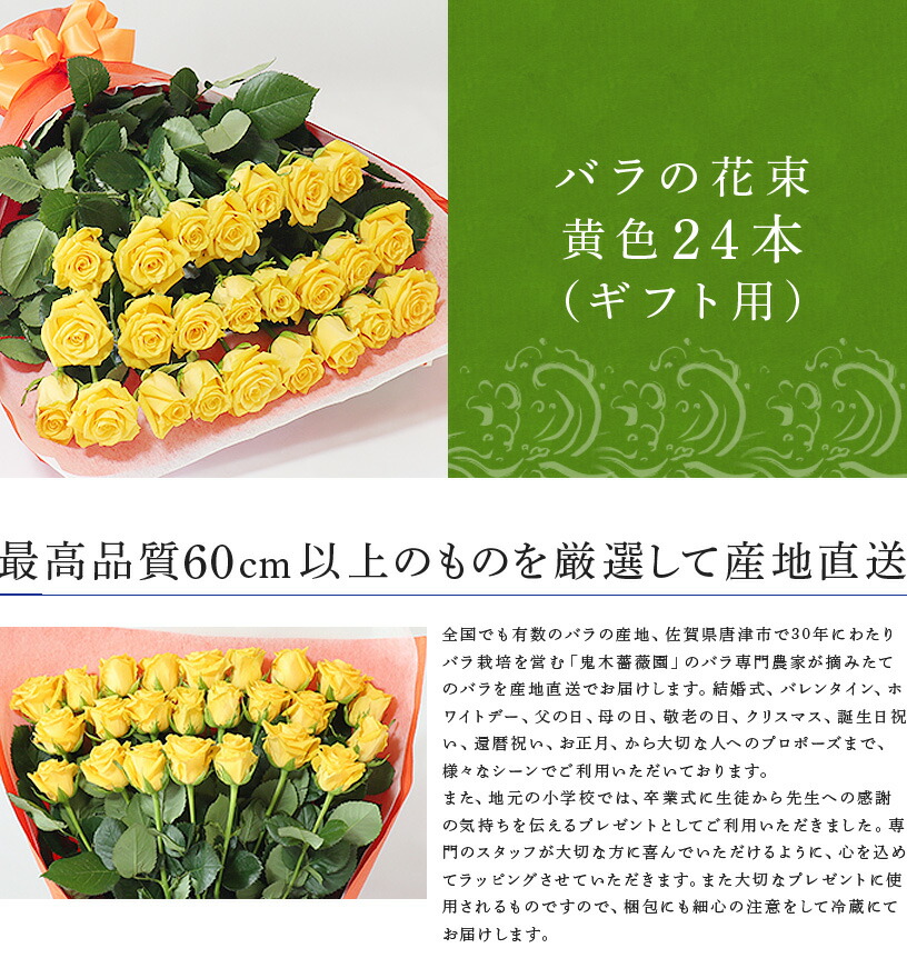 バラ専門農家が最高品質60cm以上のものを厳選して 摘みたてのバラを産地直送でお届けします ふるさと納税 黄色のみ 産地直送 バラの花束 花 観葉植物 黄色のみ 24本 24本 60cm以上の薔薇を厳選 ギフト用 佐賀県唐津市
