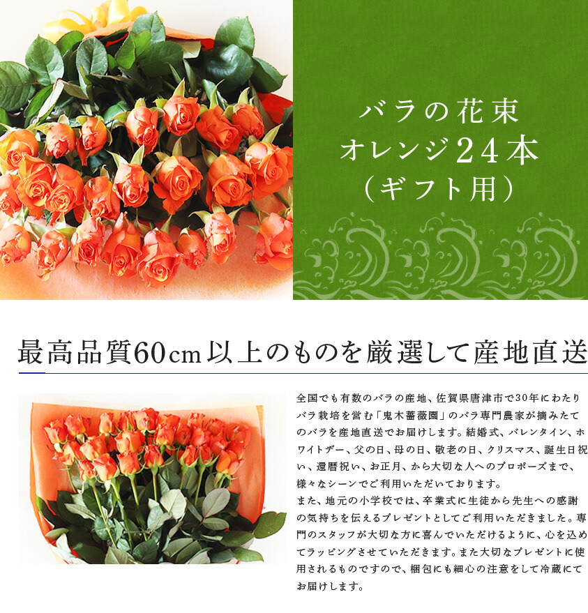 在庫一掃 産地直送 バラの花束 オレンジ色のみ 24本 60cm以上の薔薇を厳選 ギフト用 佐賀県唐津市 全国組立設置無料 Safronov Com Ua