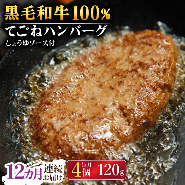 【ふるさと納税】【12回定期便】黒毛和牛100％ 手ごねハンバーグ 120g×4個 しょうゆソース付/フレンチキッチン プルミエ[UCF014] ハンバーグ 牛肉ハンバーグ 加工品 惣菜 冷凍食品