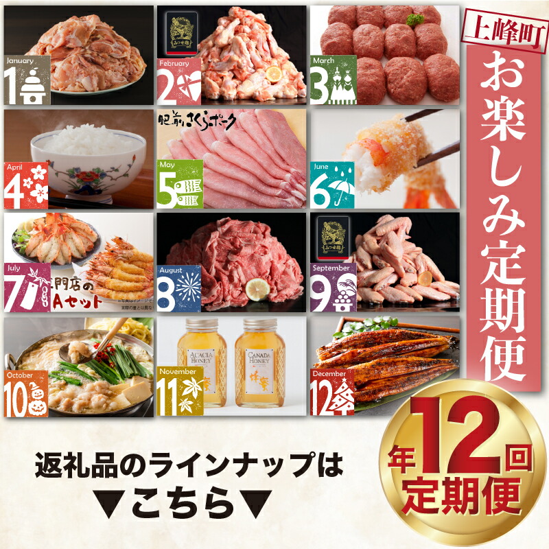 厳選 精肉 肉加工品 ふるさと納税 上峰町 人気の返礼品を毎月お届け お楽しみ定期便 上峰町 送料無料 米 国産 うなぎ食品 年12回コース 牛肉 豚肉 鶏肉 はちみつ ふるさと納税 エビフライ ハンバーグ もつ鍋 うなぎ 佐賀県上峰町