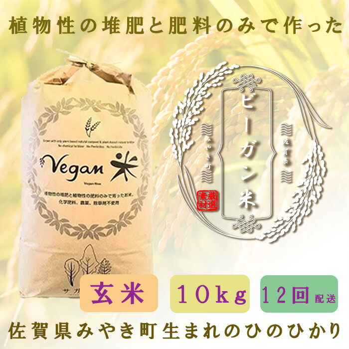 【ふるさと納税】【12か月定期便】ビーガン米10kg　玄米【植物性で育てた完全無農薬のサガンベジブランド】（CQ030）
