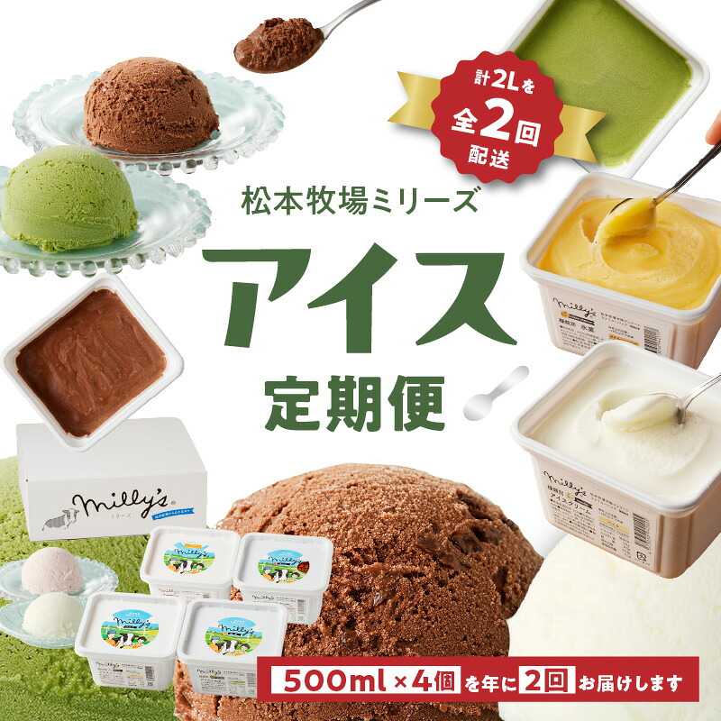 【ふるさと納税】松本牧場アイス定期便　本格ジェラートファミリーセット（500ml&times;4個&times;2回配送）／ 氷菓子 自然豊か 牧場 搾りたて 新鮮なミルク 玄海町産使用 いちご みかん チョコチップ 本格ジェラート シャーベット アイスクリーム｜佐賀県玄海町