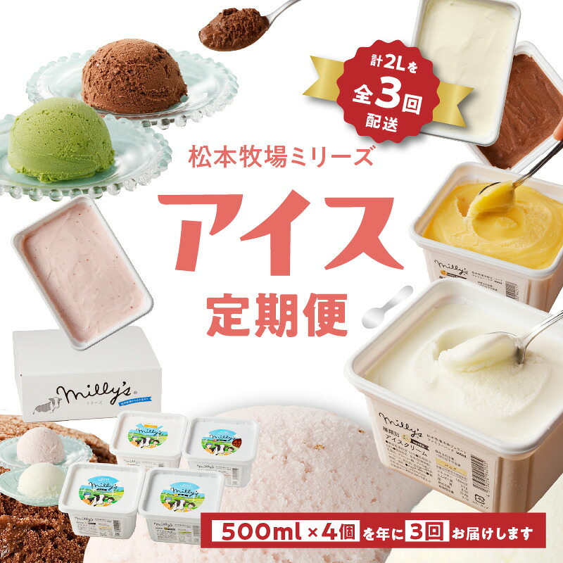 【ふるさと納税】松本牧場アイス定期便　本格ジェラートファミリーセット（500ml×4個×3回配送）／ 氷菓子 自然豊か 牧場 搾りたて 新鮮なミルク 玄海町産使用 いちご みかん チョコチップ 本格ジェラート シャーベット アイスクリーム