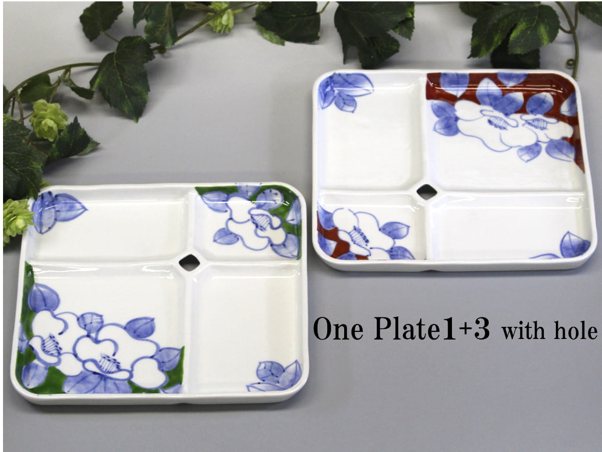 【ふるさと納税】有田焼 One Plate 1+3 椿 (緑 赤) 2枚書き割り 三光堂 A40-204