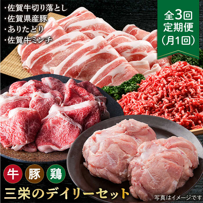 与え 肉 ミンチ付き 切り落とし 牛肉 黒毛和牛 定期便 HAA092 三栄のデイリーセット 佐賀県産豚 ありたどり 全3回定期便 佐賀牛  精肉・肉加工品