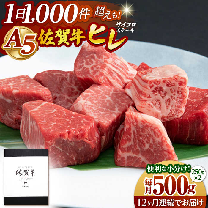 【ふるさと納税】【全12回定期便】 佐賀牛 A5 ヒレ サイコロステーキ 500g ( 250g 2パック )【山下牛舎】[HAD074] / ヒレ フィレ ヘレ ステーキ 赤身 希少部位 食品 精肉 牛肉 定期 定期便 送料無料 冷凍 贈答 のし対応 佐賀県 江北町｜佐賀県江北町