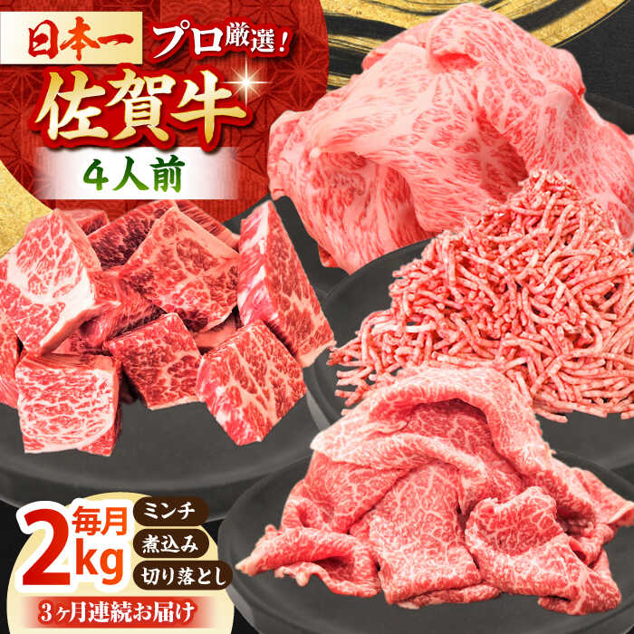 【ふるさと納税】【全3回定期便】佐賀牛 4人家族向け 普段使いセットB ( 切り落とし 角切り ミンチ ) 【田中畜産牛肉店】 [HBH115]