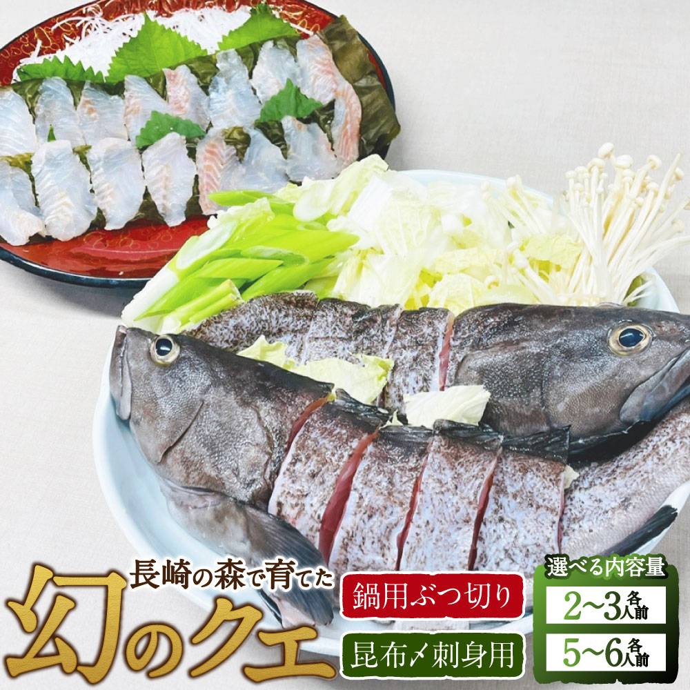 【ふるさと納税】＜選べる内容量＞長崎の森で育てた『幻のクエ』 昆布〆刺身用・鍋用ぶつ切りセット 頭・骨付き 各2～3人前【ハーフセット】 / 各5～6人前 くえ 高級魚 海鮮 海産物 魚介類 冷蔵 長崎県 長崎市 送料無料