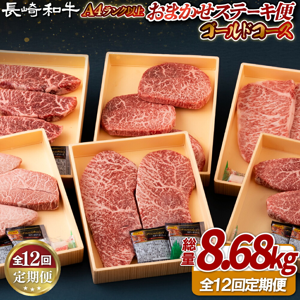 【ふるさと納税】【ヒレ含む!全12回定期便】長崎和牛 おまかせステーキ便 総計8.68kg ゴールドコース 希少部位ステーキ多数 ヒレ フィレ ランプ イチボ ミスジ サーロイン A4等級以上に厳選【田中精肉店】|長崎県佐世保市