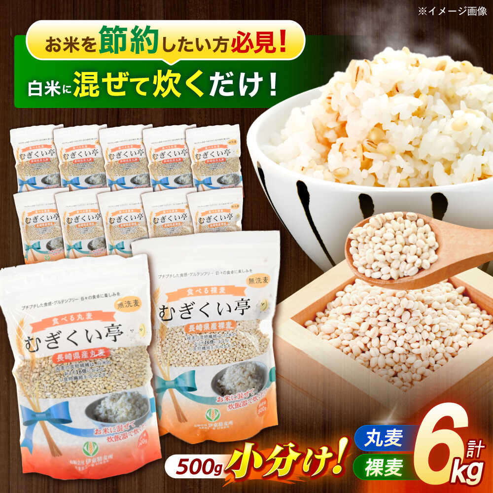 【ふるさと納税】【最速発送】むぎくい亭(丸麦500g×6・裸麦500g×6) 計6kg / 麦 丸麦 はだか麦 麦味噌 麦ごはん 麦みそ 雑穀 雑穀米 食物繊維 長崎県産 米 こめ コメ ※ / 諫早市 / 有限会社伊東精麦  [AHBU002] 最短 最速 スピード 発送