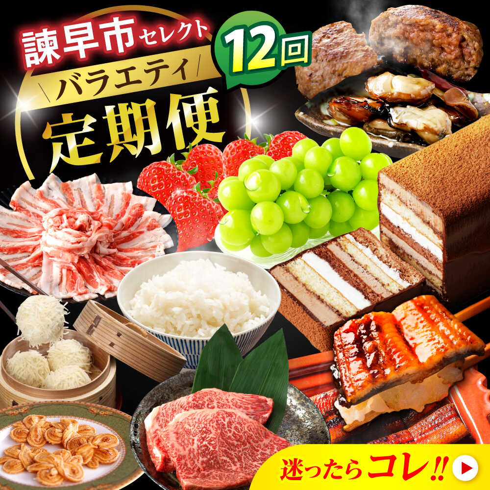【ふるさと納税】【12回定期便】バラエティ定期便 諫早市セレクト / ステーキ 菓子 いちご 牡蠣 ハンバーグ しゅうまい うなぎ ケーキ シャインマスカット 米 豚肉 かまぼこ / 諫早市[AHDC040]｜長崎県諫早市