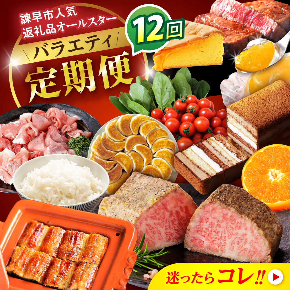 【ふるさと納税】【12回定期便】バラエティ定期便 諫早市人気返礼品オールスター / 豚肉 米 野菜 ローストビーフ スイーツ うなぎ ゼリー カステラ 卵 餃子 みかん ステーキ / 諫早市[AHDC041]｜長崎県諫早市