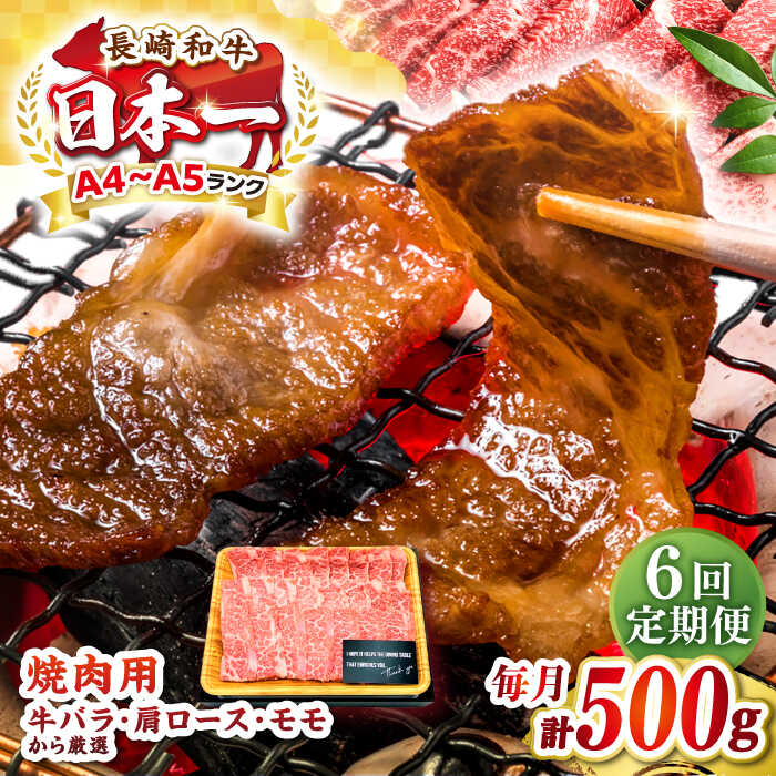 【ふるさと納税】【全6回定期便】【A4～A5ランク】長崎和牛焼肉用　500g《壱岐市》【株式会社MEAT PLUS】肉 牛肉 黒毛和牛 焼き肉 焼肉 焼肉用 ギフト 贈答用 ご褒美 冷凍配送 A4 A5[JGH109]