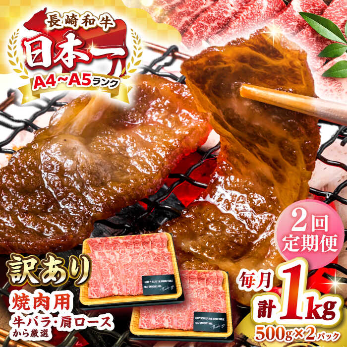 【ふるさと納税】【全2回定期便】【訳あり】【A4～A5ランク】長崎和牛 焼肉切り落とし 1kg（500g×2パック）(肩ロース・バラ）《壱岐市》【株式会社MEAT PLUS】 肉 牛肉 黒毛和牛 焼き肉 焼肉 焼肉用 ギフト 贈答用 冷凍配送 A4 A5[JGH119]