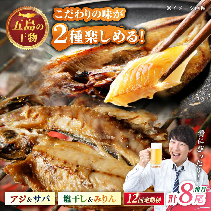 【ふるさと納税】【12回定期便】一夜干し 4種（アジ/サバ）計8尾 五島市/愛情食彩[PCH036] 魚 干物 手作り 鯵 鯖 あじ さば 水産加工品 長崎 おかず おつまみ 逸品｜長崎県五島市