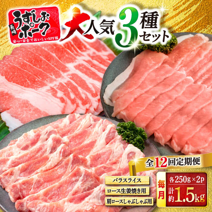 【ふるさと納税】【訳あり】【12回定期便】長崎うずしおポーク 大人気3種 セット 国産豚 ＜スーパーウエスト＞ [CAG221]豚 ブタ 豚肉 豚バラ しゃぶしゃぶ しょうが焼き 鍋 やわらか ジューシー 上品 ブランド豚
