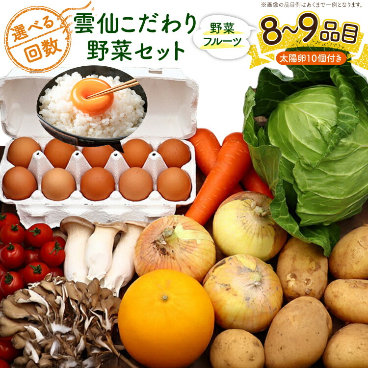 【ふるさと納税】雲仙こだわり 野菜セット 野菜・フルーツ 8～9品目 太陽卵 10個 詰め合わせ 選べる回数[吉岡青果 長崎県 雲仙市 item2045] 野菜 フルーツ 定期便 3回 6回 12回 果物 卵 セット 旬の野菜 レビューキャンペーン