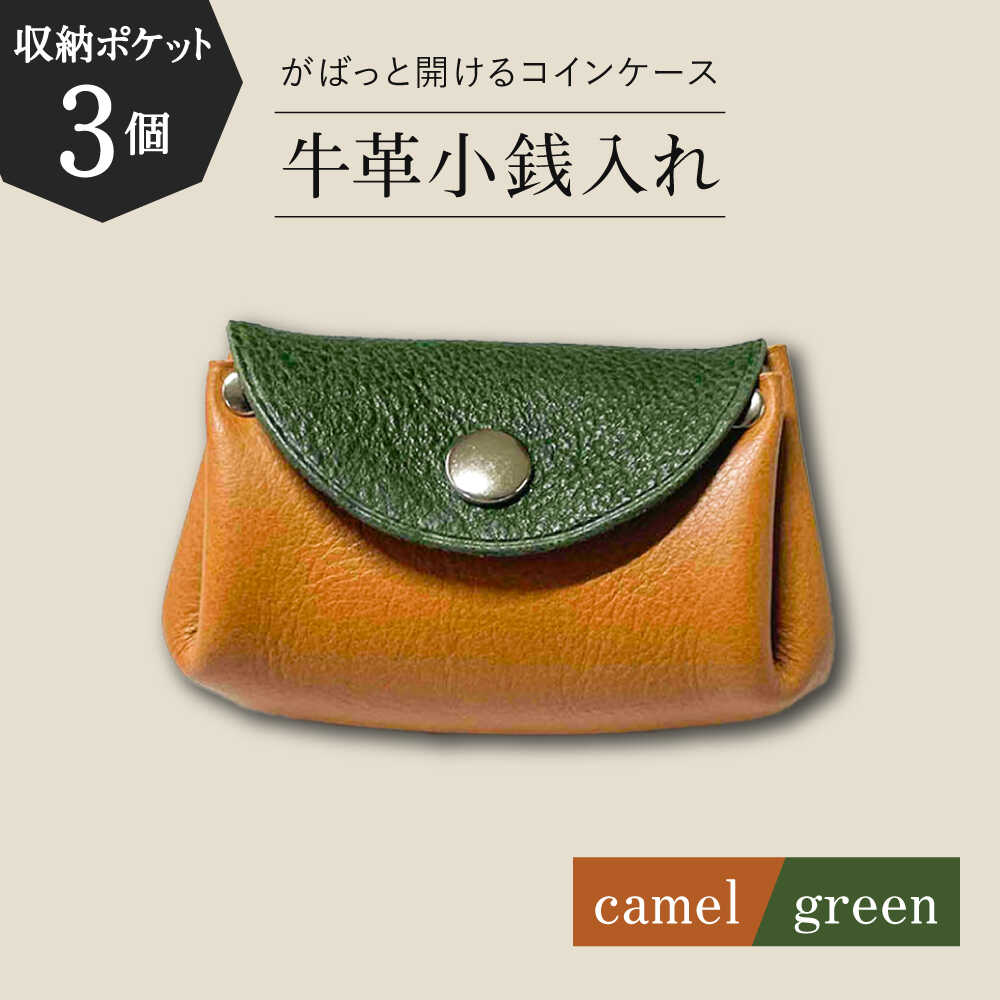 【ふるさと納税】【コインを3つに分けて収納できる】牛革 小銭入れ（キャメル/グリーン）長与町/グッピーサウンド[EBG015] 牛革 ぎゅうかわ コインケース こいんけーす 小銭入れ こぜにいれ ビジネスシーン 贈り物 プレゼント 送料無料 常温 長与町 収納 キャメル グリーン
