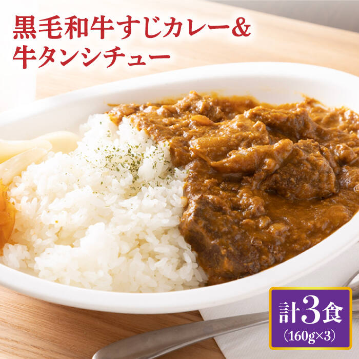 【ふるさと納税】黒毛和牛 牛すじカレー ＆ 牛タンシチュー 計3食 長与町/炭火焼肉あおい [EBW006] 和牛カレー タンシチュー 常温｜長崎県長与町