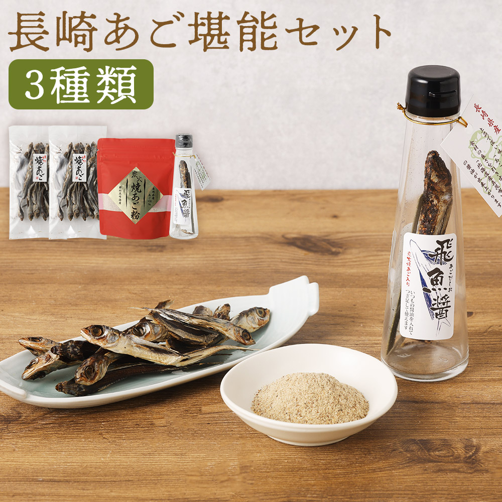 【ふるさと納税】長崎あご堪能セット 3種類 炭火焼あご粉 飛魚醤 味付焼きあご 調味料 出汁 飛魚 あごだし 時津町 長崎県 送料無料｜長崎県時津町