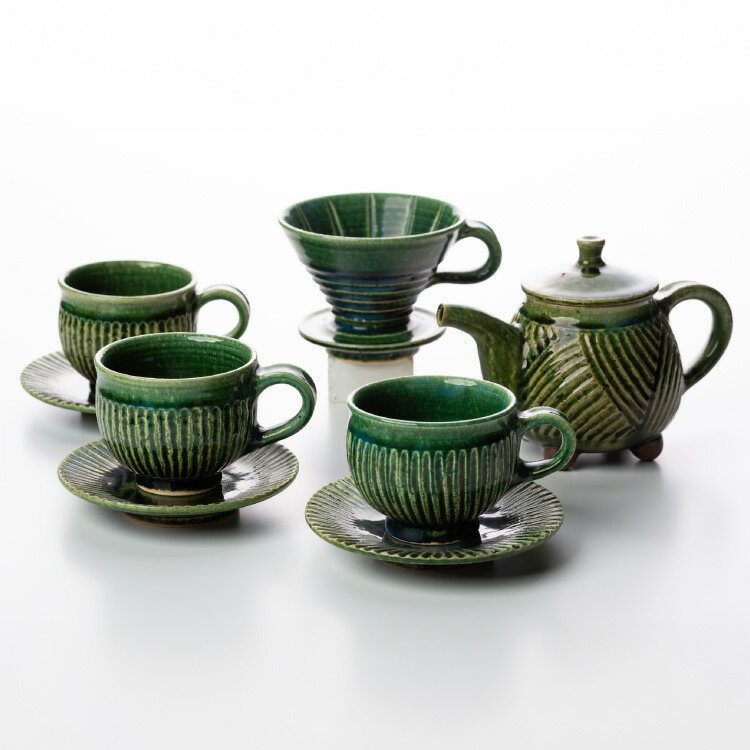 【ふるさと納税】 コーヒー陶器 ドリッパー コーヒーポット&ドリッパー8点セット コーヒーカップ3個 ソーサー3個 織部釉 [抱星窯 長崎県 東彼杵町 hs42bag390005] コーヒー 陶器 土物 グリーン 濃緑