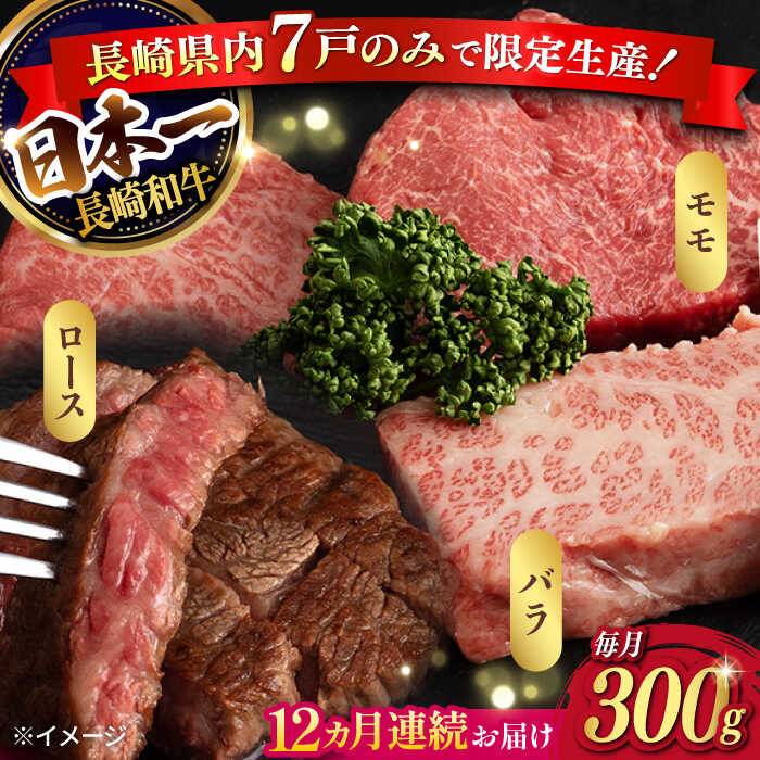 【ふるさと納税】【12回定期便】【限定生産】ステーキ 3種盛り 長崎和牛 出島ばらいろ（300g/回）【肉のマルシン】 [FG19] 和牛 牛肉 ロース カルビ モモ 赤身 ステーキ セット 霜降り 焼肉