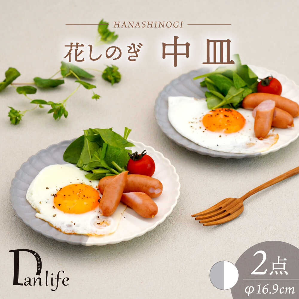 【ふるさと納税】【波佐見焼】花しのぎ 中皿 ペア ハーフカラー（グレー/白）【団陶器】[PB177]｜長崎県波佐見町