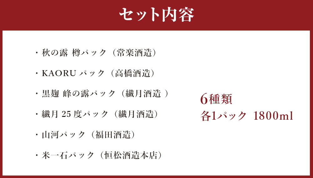 独特の上品 球磨焼酎を自分用で楽しみたい方向けのパック焼酎飲み比べセット 6種類 各1パック 1800ml 合計10.8L 詰合せ 球磨焼酎 米焼酎  お酒 酒 パック 飲み比べ セット 人吉 球磨 熊本県 送料無料 fucoa.cl