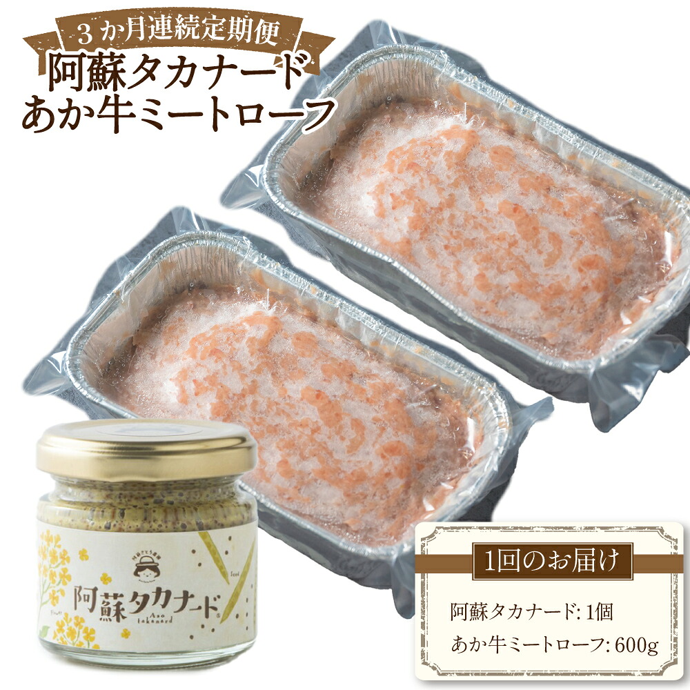 【ふるさと納税】【3か月連続定期便】阿蘇タカナード(70g)+あか牛ミートローフ(計600g(300g×2)) セット 1回あたり計670g 計2010g(600g×3回) 1ヶ月毎 3回 マスタード 阿蘇高菜の種 米酢 牛肉 お肉 惣菜 調味料 冷凍 熊本県産 国産 九州 熊本県 送料無料|熊本県