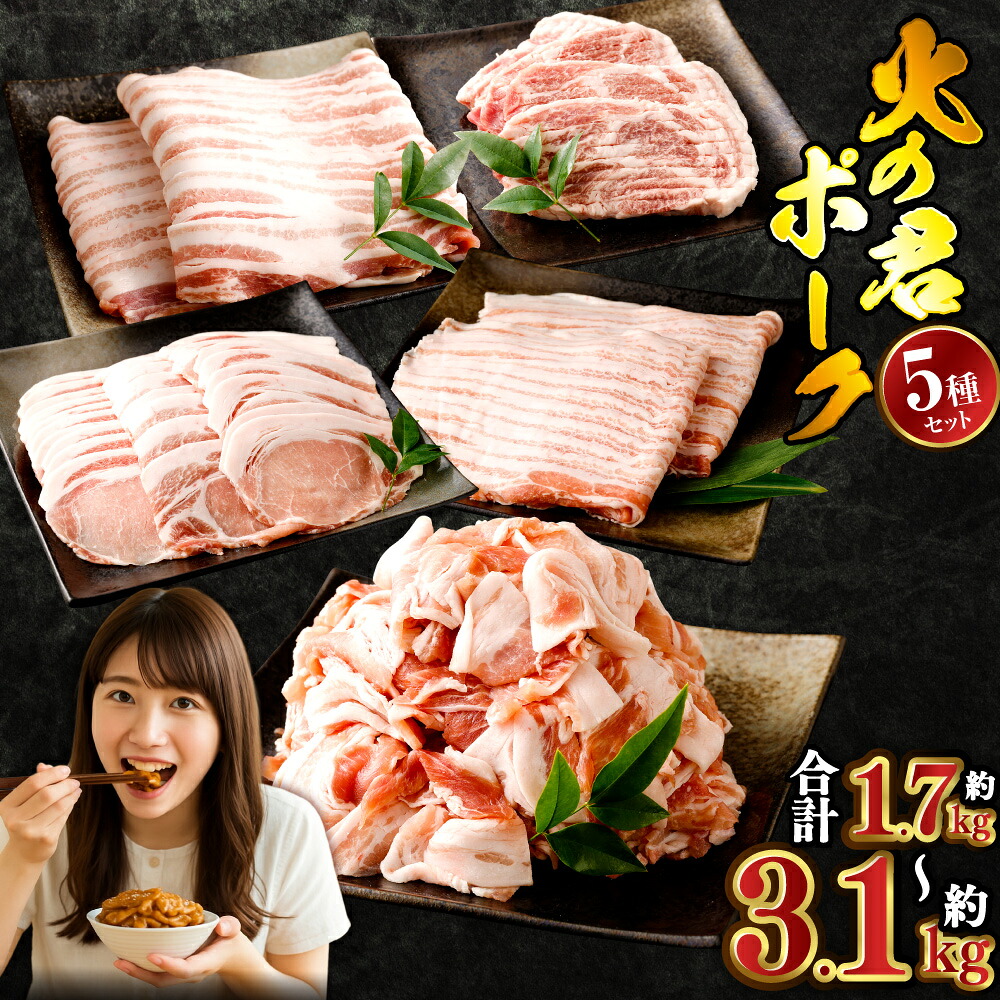 【ふるさと納税】<選べる内容量>熊本県産 火の君ポーク 詰合せ 合計約1.7kg / 合計約2kg / 合計約3.2kg 5種類 豚こまぎれ 細切れ こまぎれ 豚こま ロース 生姜焼き用 肩ロース バラ 豚バラ 焼肉用 しゃぶしゃぶ用 セット 豚 豚肉 肉 お肉 国産 九州 熊本市 冷凍 送料無料|熊本県熊本市