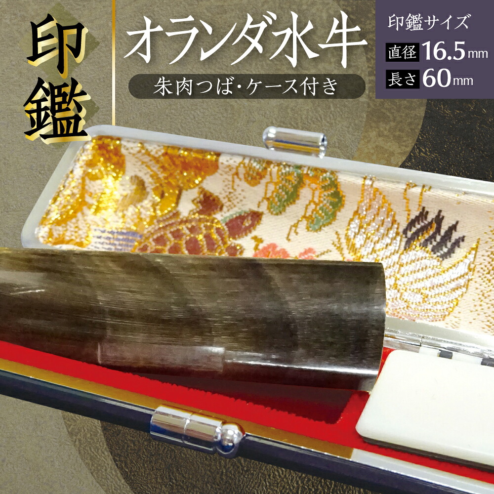 【ふるさと納税】【選べるアタリの有無】 印鑑 オランダ水牛 朱肉つば付き ケース付き 直径16.5mm&times;長さ60mm アタリ はんこ 朱肉 銀行印 実印 受注生産 熊本県 送料無料｜熊本県八代市