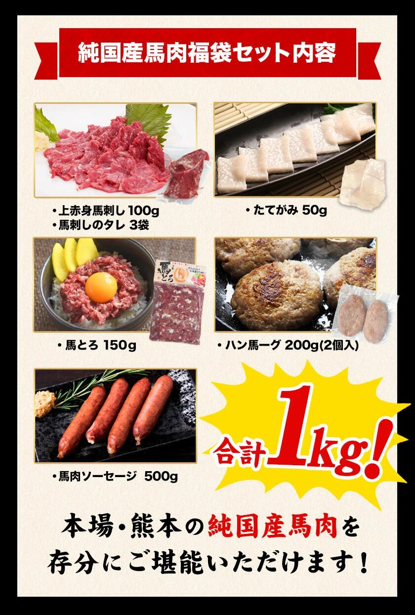 81%OFF!】 純国産馬肉5種 福袋 セット 計1kg 熊本肥育 2年連続農林水産大臣賞受賞 送料無料 上赤身馬刺し100g たてがみ50g  馬とろ150g 馬ソーセージ500g 燻製 霜降り ハン馬ーグ200g 2個入り タレ付き 熊本県荒尾市《60日以内に順次出荷 土日祝除く 》  fucoa.cl