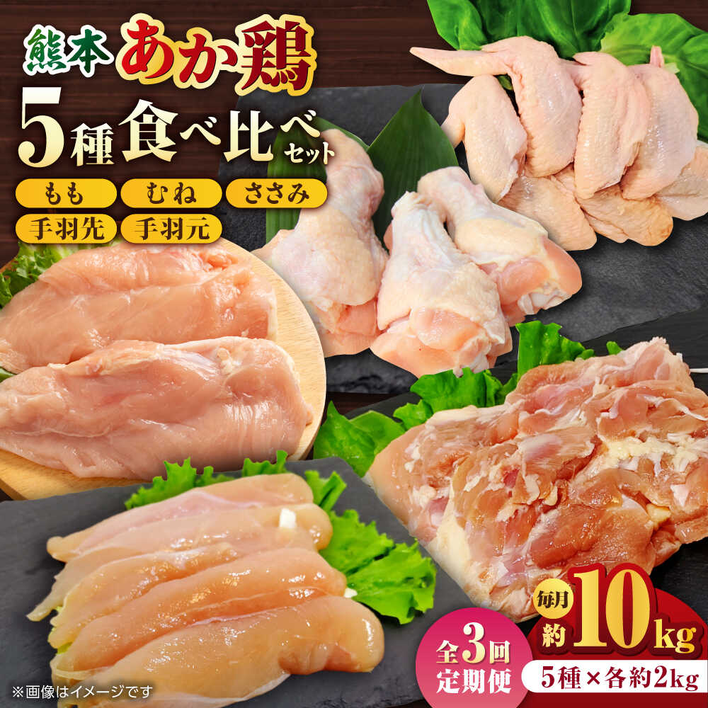 【ふるさと納税】【3回定期便】熊本あか鶏 5種食べ比べセット（モモ ささみ ムネ 手羽先 手羽元）各2kg【やまうちフード株式会社 熊本営業所】[ZAB012] 定期 3ヶ月 鶏 とり肉 鳥 産地 国産 国産鶏 冷凍 大容量 むね肉 もも肉 部位 贅沢 詰め合わせ 贈答 山鹿