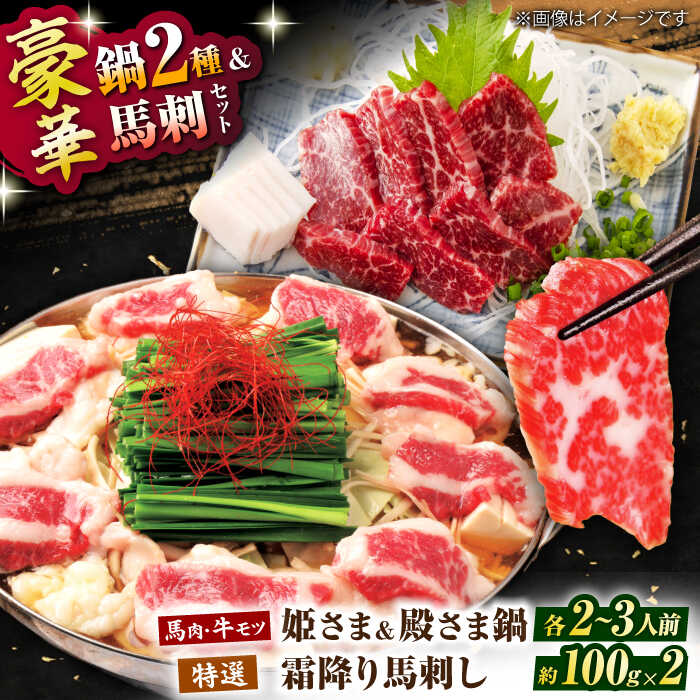 【ふるさと納税】特製味噌スープ「殿さま鍋」と美肌醤油スープ「姫さま鍋」のWセットと特選霜降り馬刺しの豪華極上詰め合わせセット（鍋：各2～3人前、馬刺し：約100g×2）【オルガニコ山鹿】[ZFH004] 鍋 馬刺し セット 送料無料