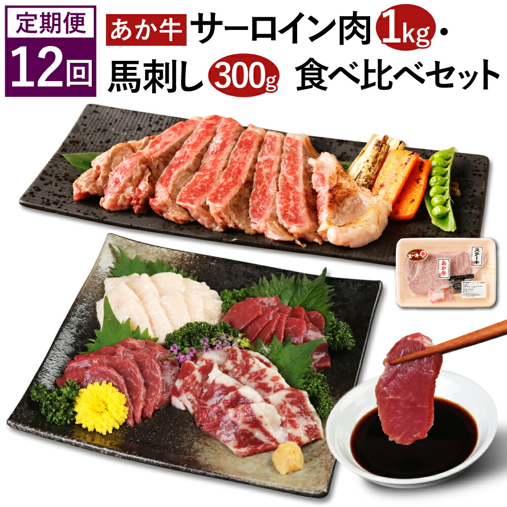 市場 ふるさと納税 あか牛 食べ比べセット 馬刺し サーロイン肉 1kg 定期便12回 馬肉 300g 牛肉 サーロイン 赤牛 ステーキ用サーロイン肉