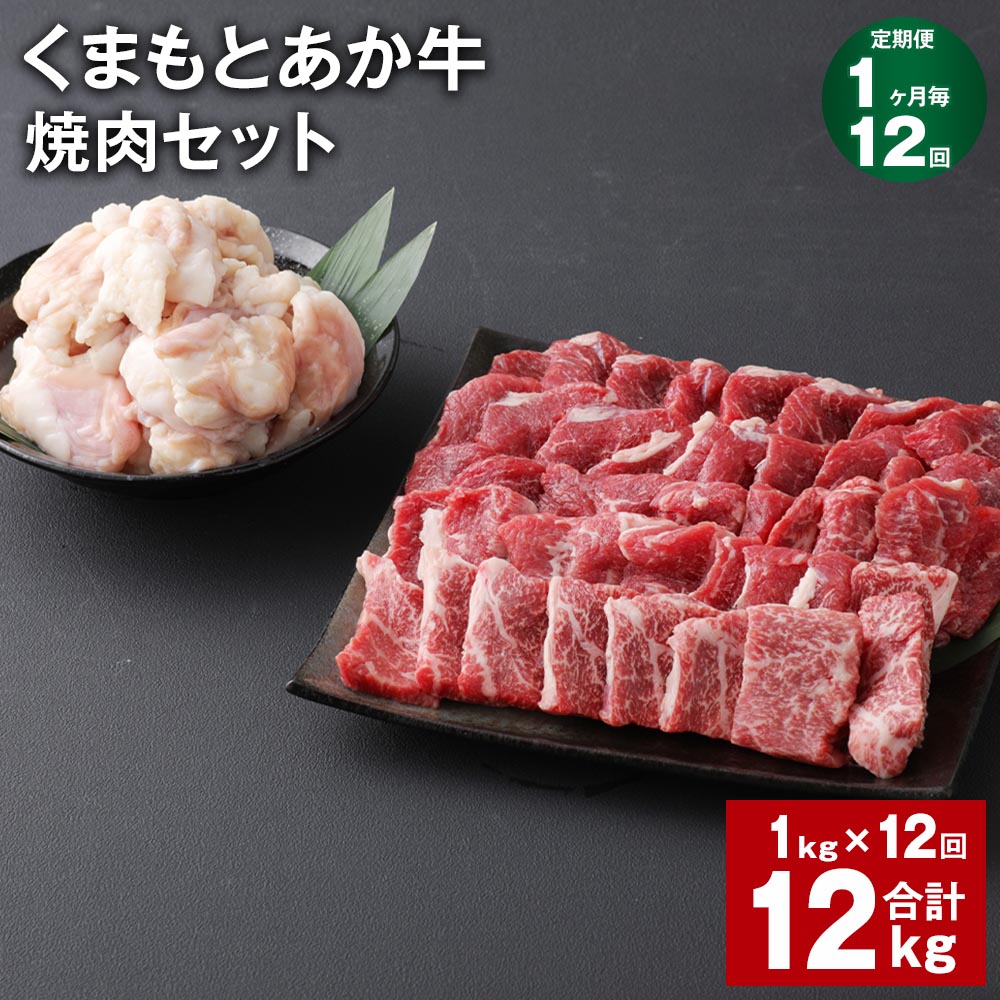 【ふるさと納税】【定期便】【1ヶ月毎12回】くまもとあか牛 焼肉セット 計12kg（1kg&times;12回） もも焼肉 700g ホルモン 300g 和牛 牛肉 お肉 あか牛 赤身 霜降り モモ肉 もつ モツ グルメ お取り寄せ 冷凍 熊本県産 国産 熊本県 上天草市 送料無料｜熊本県上天草市