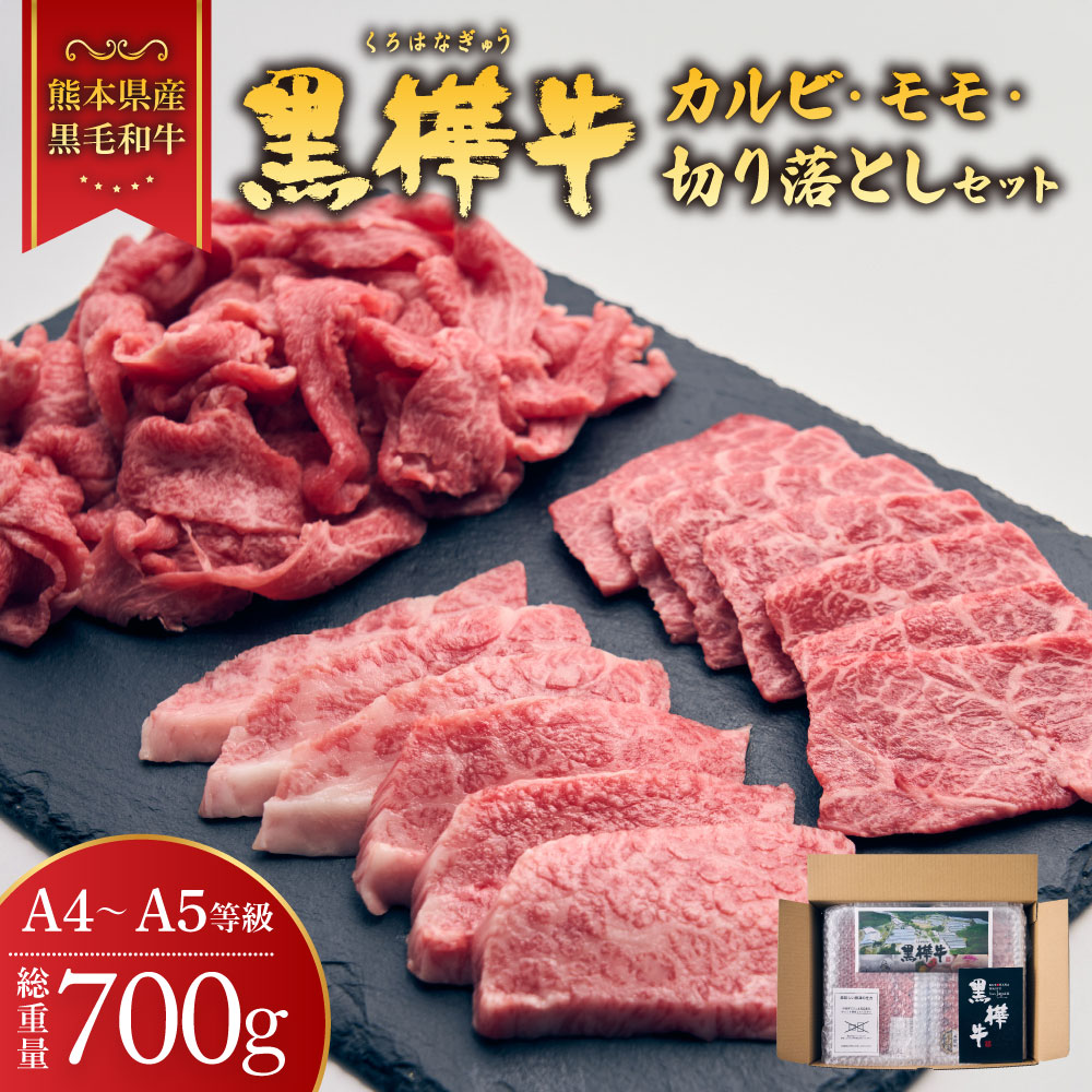 【ふるさと納税】黒樺牛 熊本県産黒毛和牛 A4～A5等級 焼き肉用 カルビ・モモ・切り落としセット 合計700g 焼き肉 薄切り 切り落とし 食べ比べ 和牛 お肉 牛肉 黒毛和牛 国産 冷凍 送料無料 株式会社 杉本本店｜熊本県宇城市