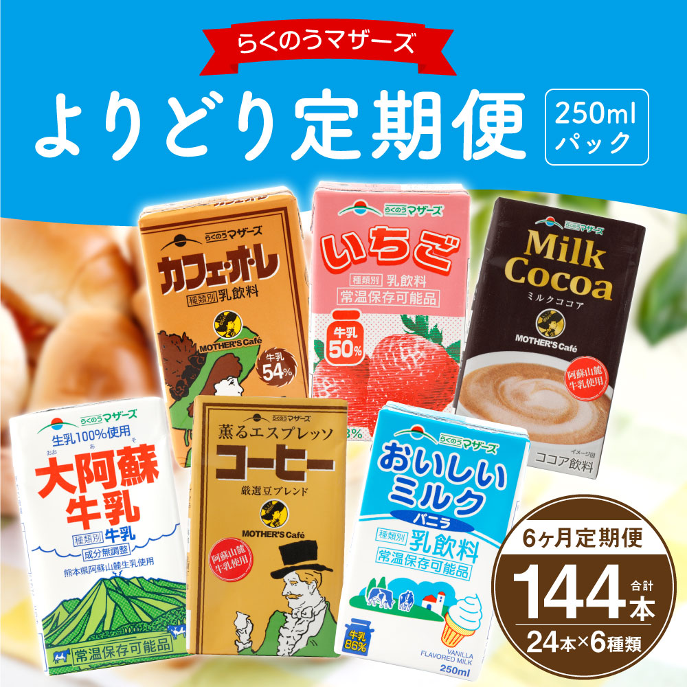 ふるさと納税 6ヶ月定期便 らくのうマザーズ250ml 24本入り パックよりどり 6種類 カフェオレ いちご ミルクココア 大阿蘇牛乳 コーヒー おいしいミルクバニラ 乳飲料 乳性飲料 らくのうマザーズ ドリンク 飲み物 飲料 セット 常温保存可能 ロングライフ 送料無料