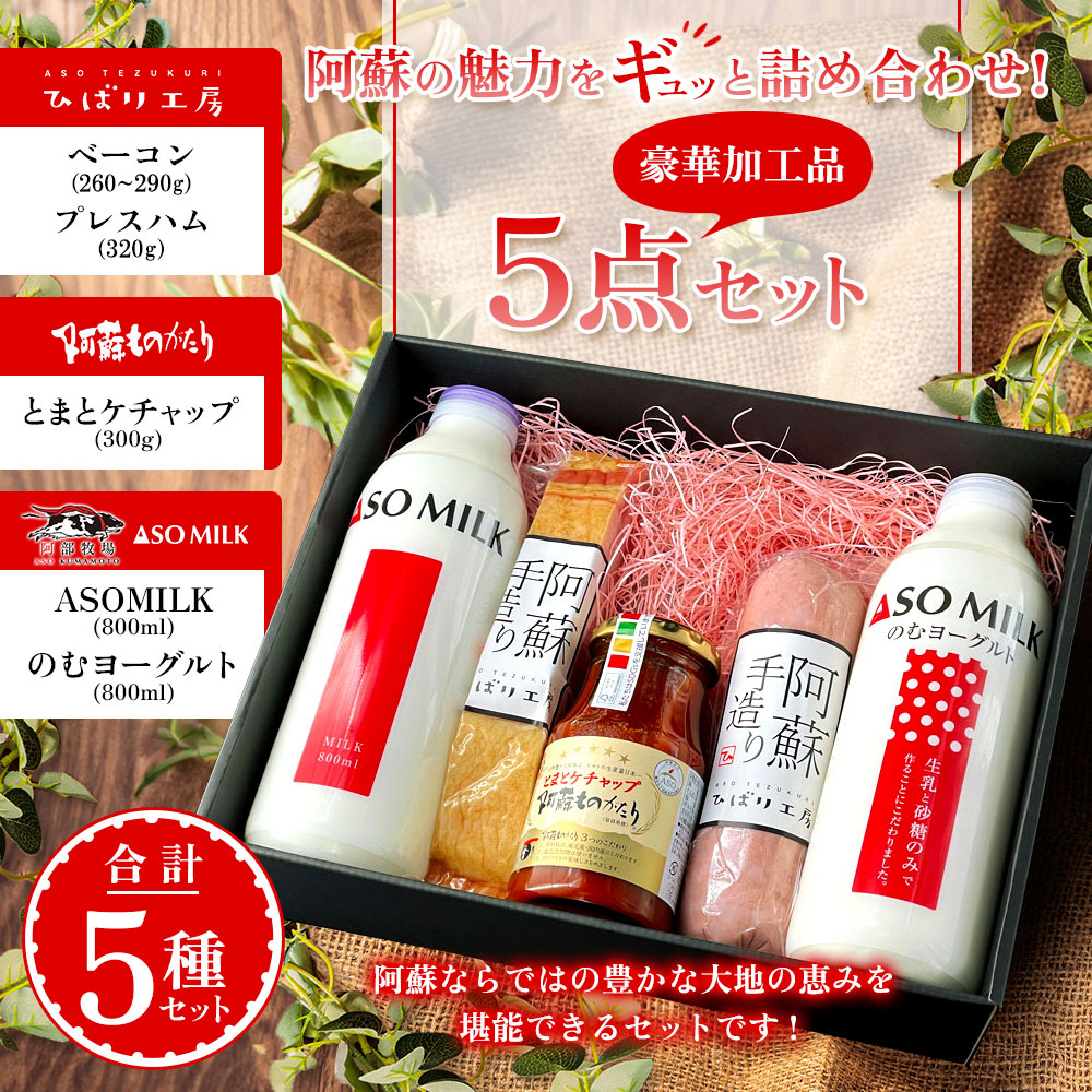 【ふるさと納税】 ベーコン ひばり工房 ASOMILK 阿部牧場 プレスハム ベーコン ベーコンブロック 阿蘇ミルク 阿部牧場 牛乳 飲むヨーグルト トマトケチャップ オススメ ふるさと納税 詰め合わせ セット 加工品 5点  阿蘇ものがたり 熊本県 阿蘇市