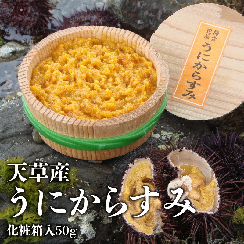 【ふるさと納税】テレビで紹介 入賞多数 うにからすみ 50g 化粧箱 木樽入り 天草謹製認定品 高級食材 生からすみ 天草産 うに ブレンド バフンウニ 濃厚 海鮮 海産物 ギフト 贈り物 おつまみ 酒の肴 おにぎり パスタ カナッペ お取り寄せ グルメ 熊本県 天草市 送料無料